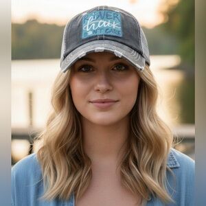 🆕 “River Hair Don’t Care” Distressed Gray Snap Back Mesh Trucker Hat